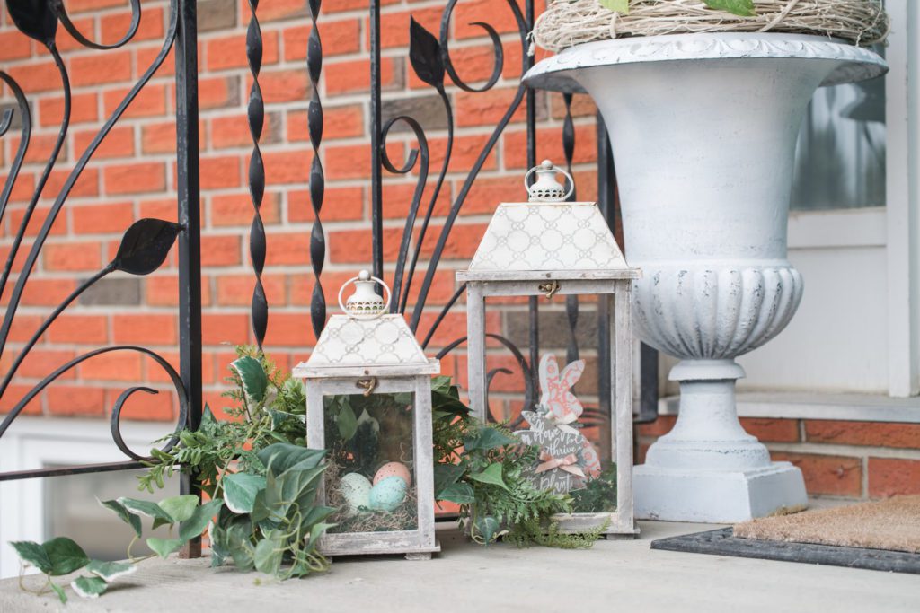 Spring lanterns on front step with bunny cutouts