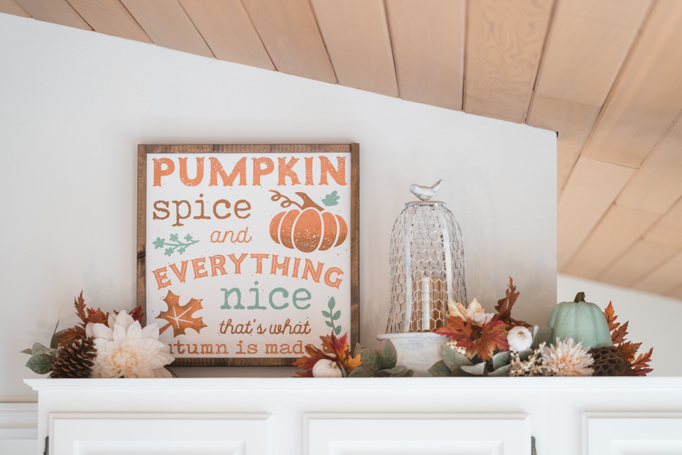 Fall decor above kitchen cupboards