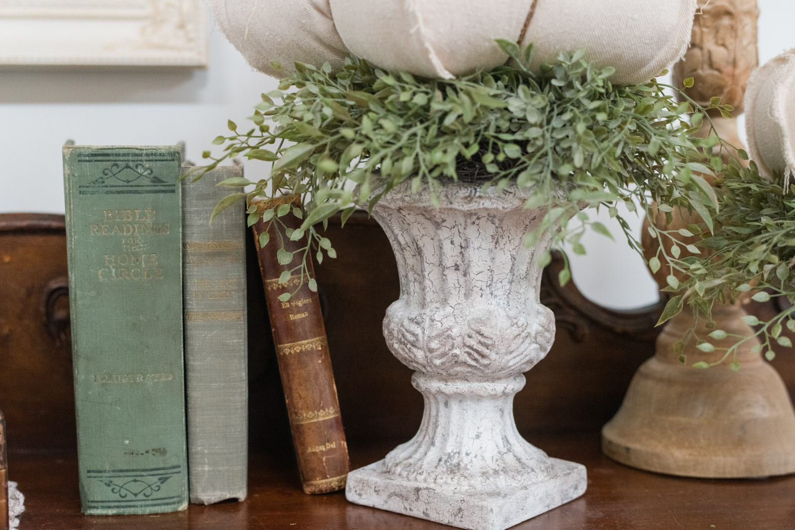 weathered and crackled DIY urn for topiary pumpkins