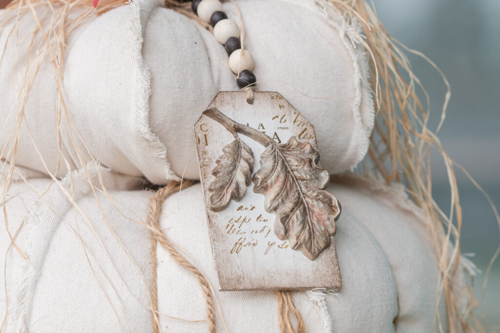 Tag hanging on topairy drop cloth pumpkins on the front step, MADE with an IOD mould