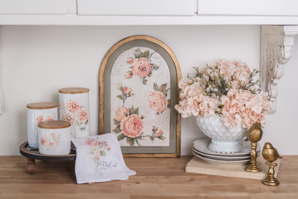 Spring decor with a recycled milk glass shade turned into a vase