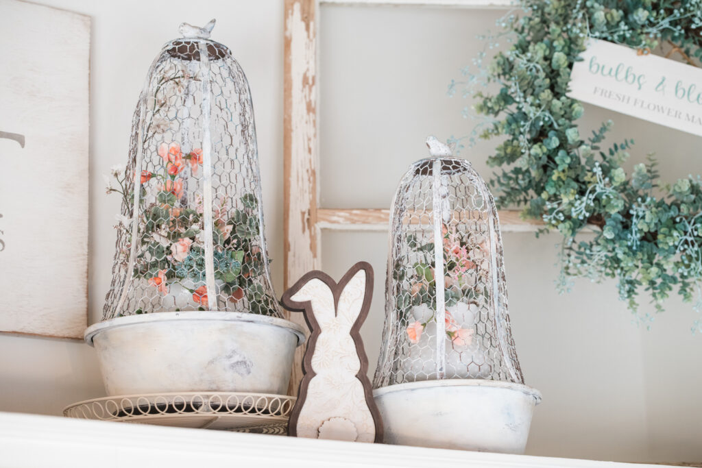 repurposed vintage milk glass light shade in a wire cloche