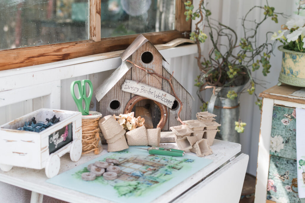 Country garden class cutting board being used in a potting shed 