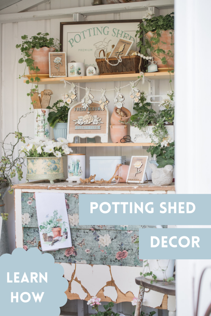 Fresh summer, blue, yellow, and white potting shed DIY decor.