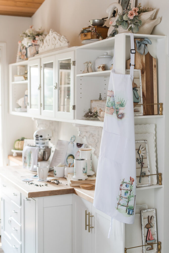 Garden apron hung from the corner of food prep area of kitchen 