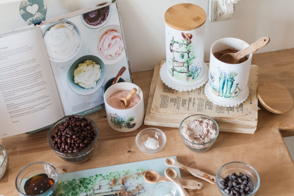 Kitchen, canisters to store, salt, cocoa, flour, and more kitchen, dry goods. 