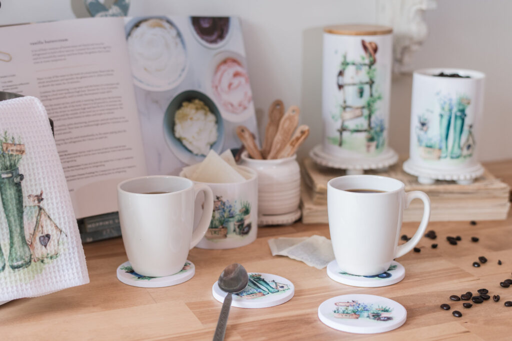 Garden, coasters, and coffee mugs on a butcher block 