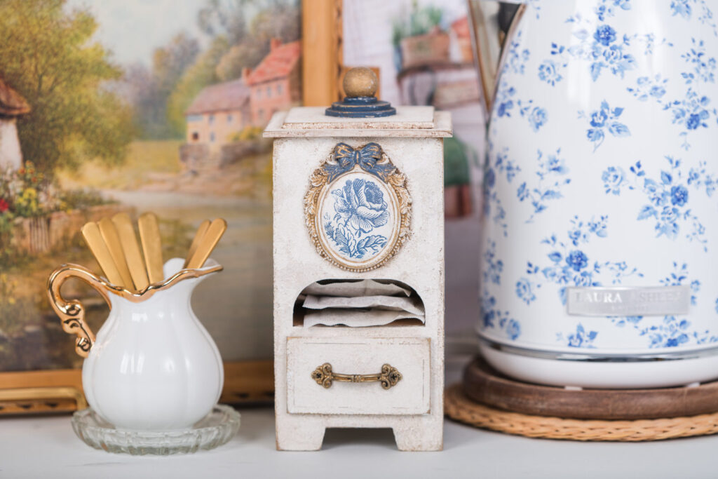 Handcrafted tea box with aged texture and Delft paint inlay