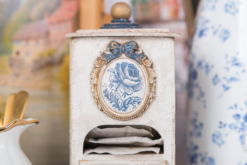 Handcrafted tea box with aged texture and Delft paint inlay