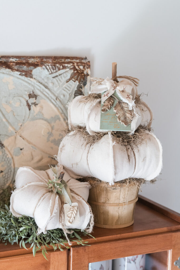 Drop cloth topiary pumpkins with resin IOD handmade tag