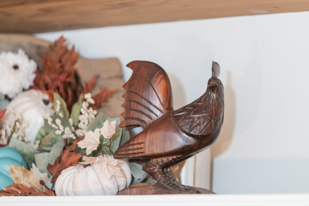 Wooden rooster, adding texture, and charm to fall decor 