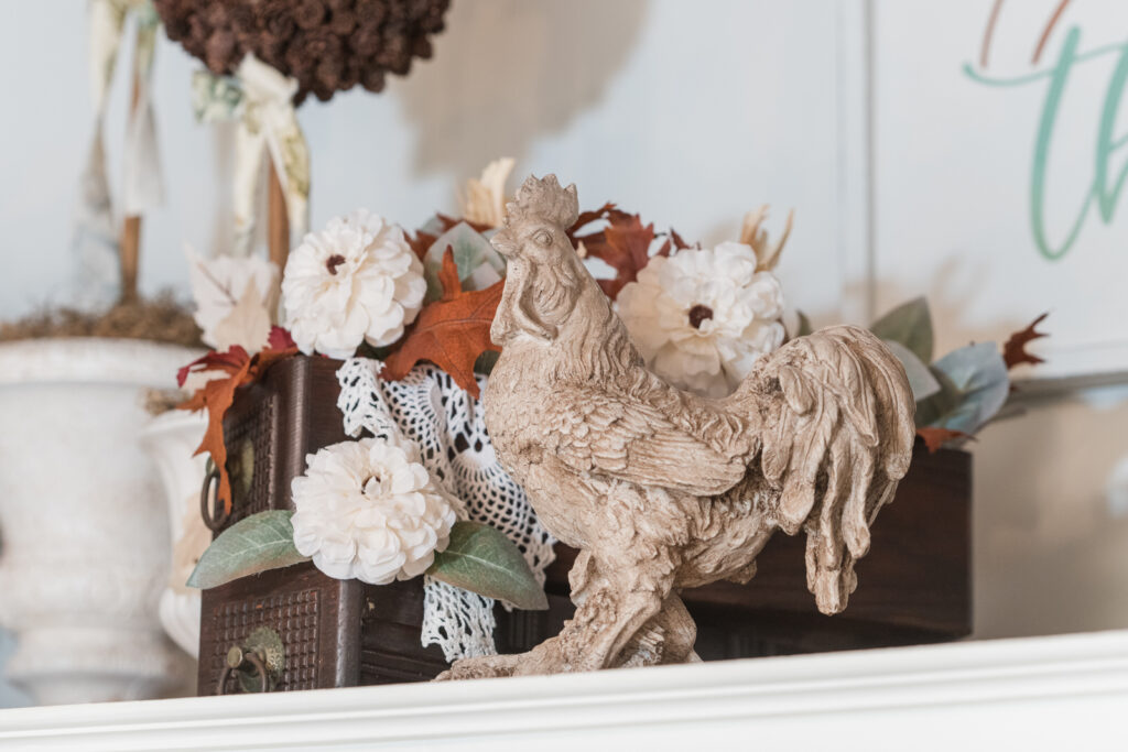 DIY painted and weathered rooster in fall decor 