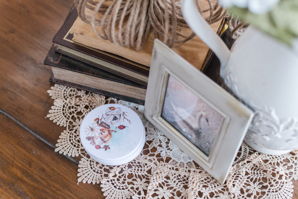 Autumn blessings, coasters on coffee table 