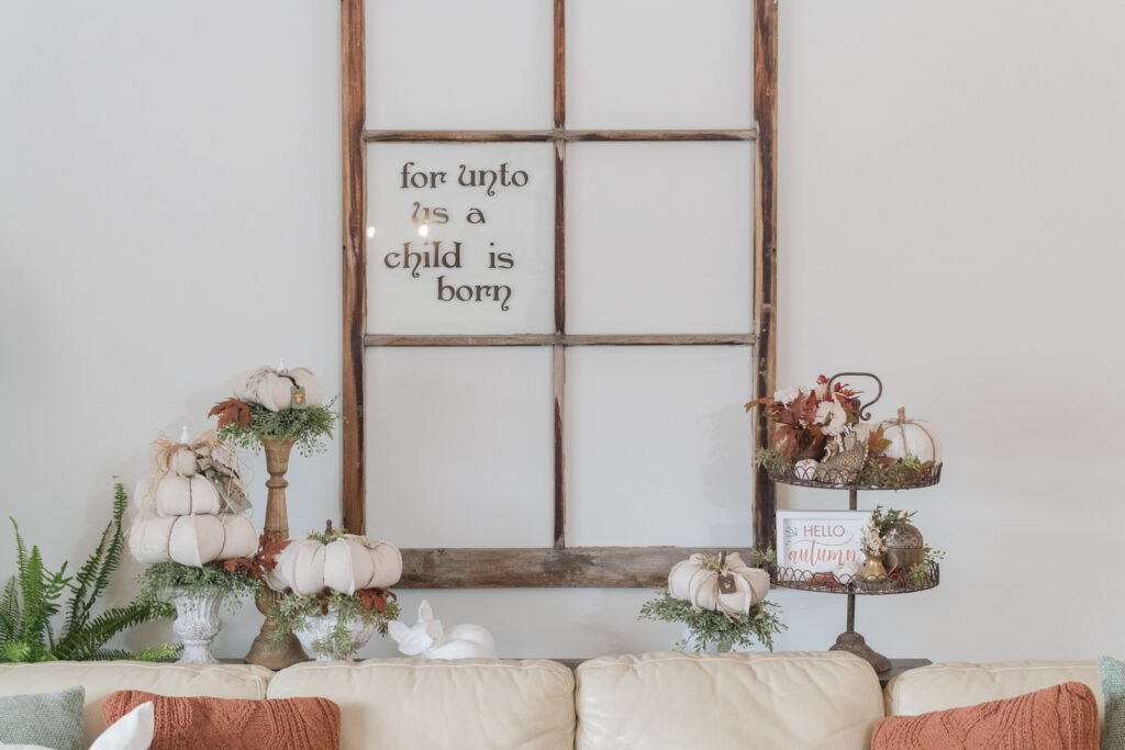 Sofa table, decorated in living room with drop cloth pumpkins for fall 