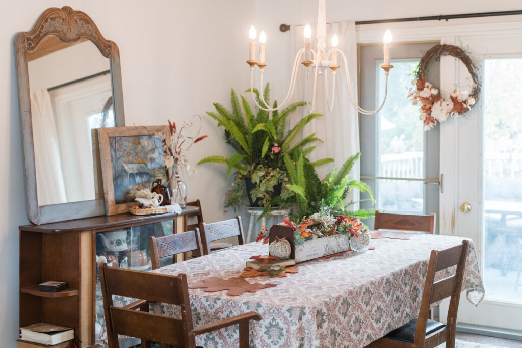 Fall, vintage dining room, decorated in layers of nostalgia and texture, with Thrifted finds, garage sale treasures and hand-painted art 