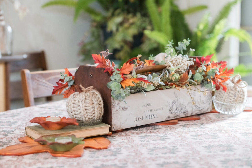 Dining room centrepiece on dining room table for fall