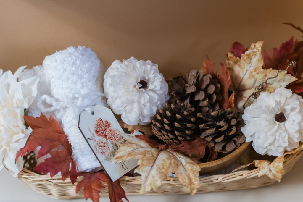  Basket a top of a toilet tank styled for fall