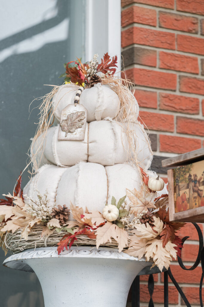Drop cloth topiary pumpkins on the front step