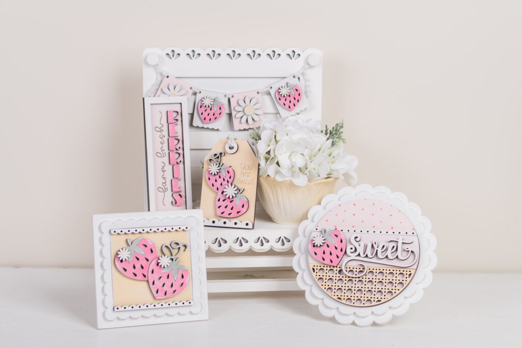 tiered tray scallop bench styled with strawberry DIY kit