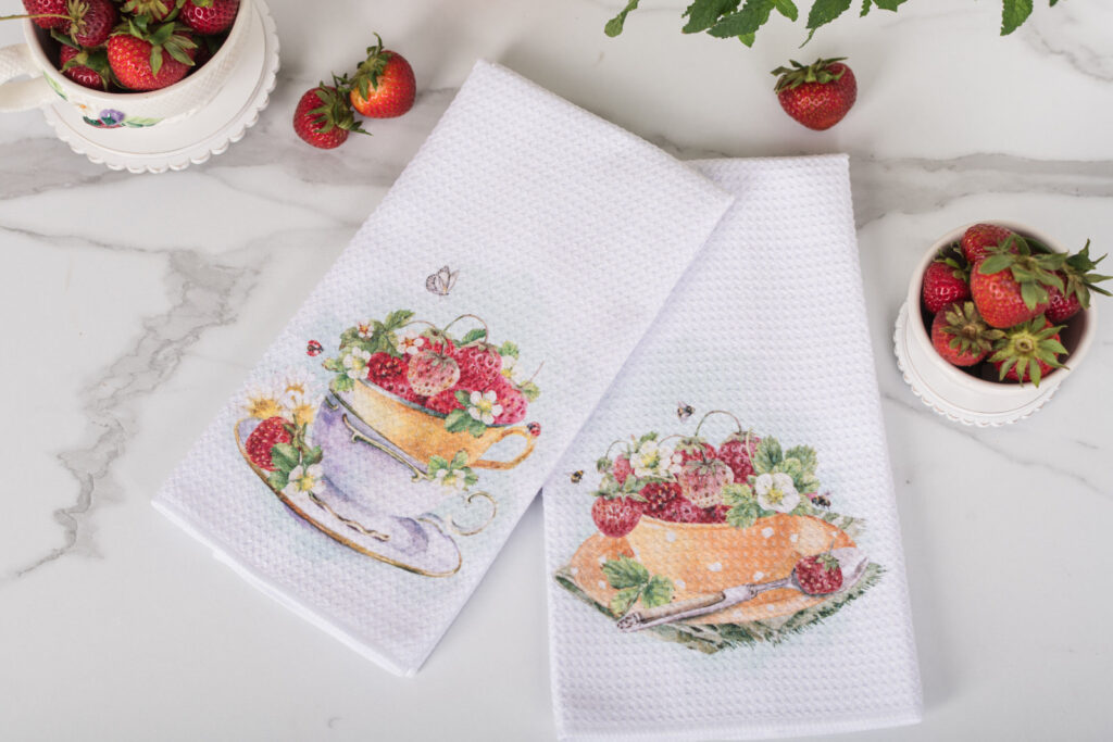 waffle weave kitchen towels with teacups and strawberries