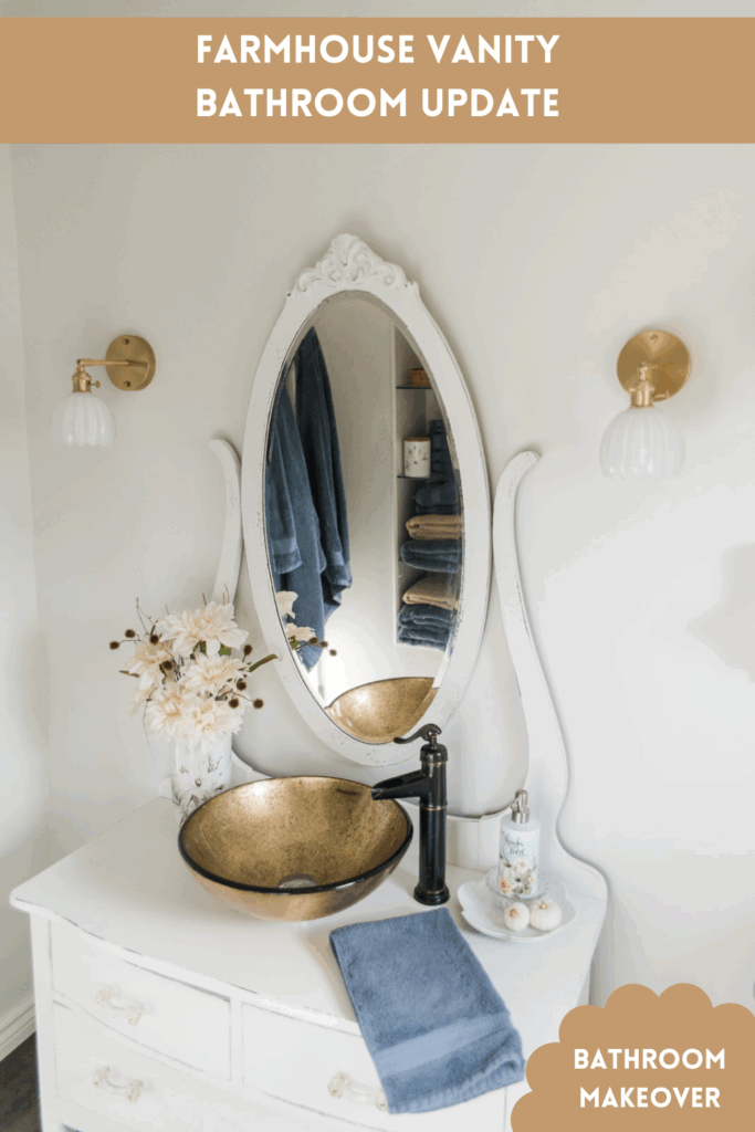Cottage-style bathroom makeover with vintage vanity, fresh white paint, and fall accents from the Vintage Autumn Collection