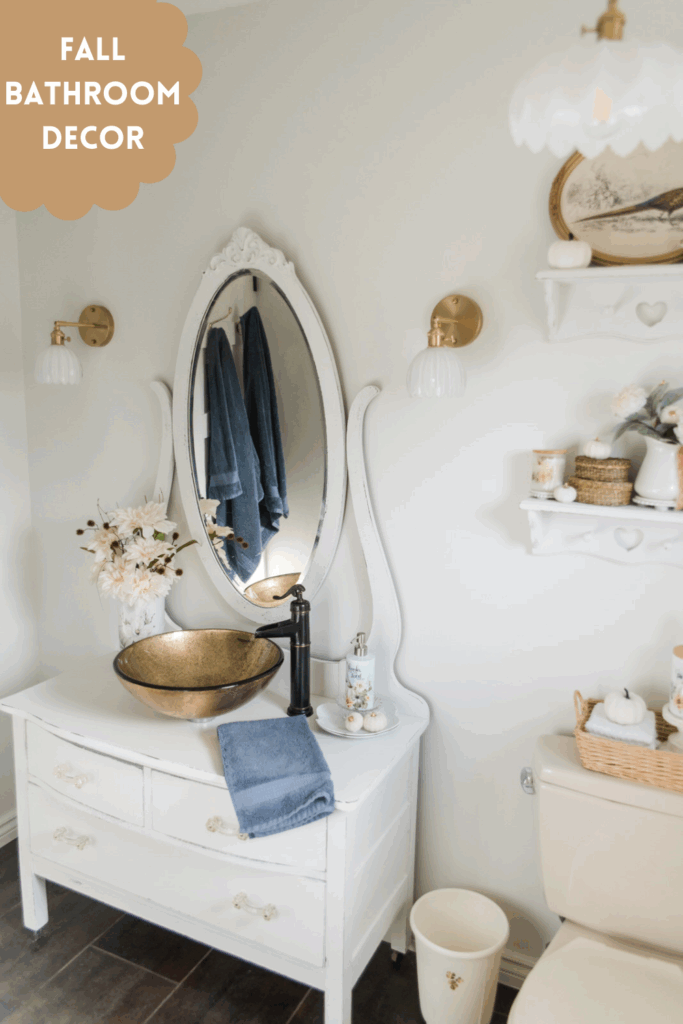 Cozy cottage bathroom makeover with Vintage Autumn decor and a vintage vanity