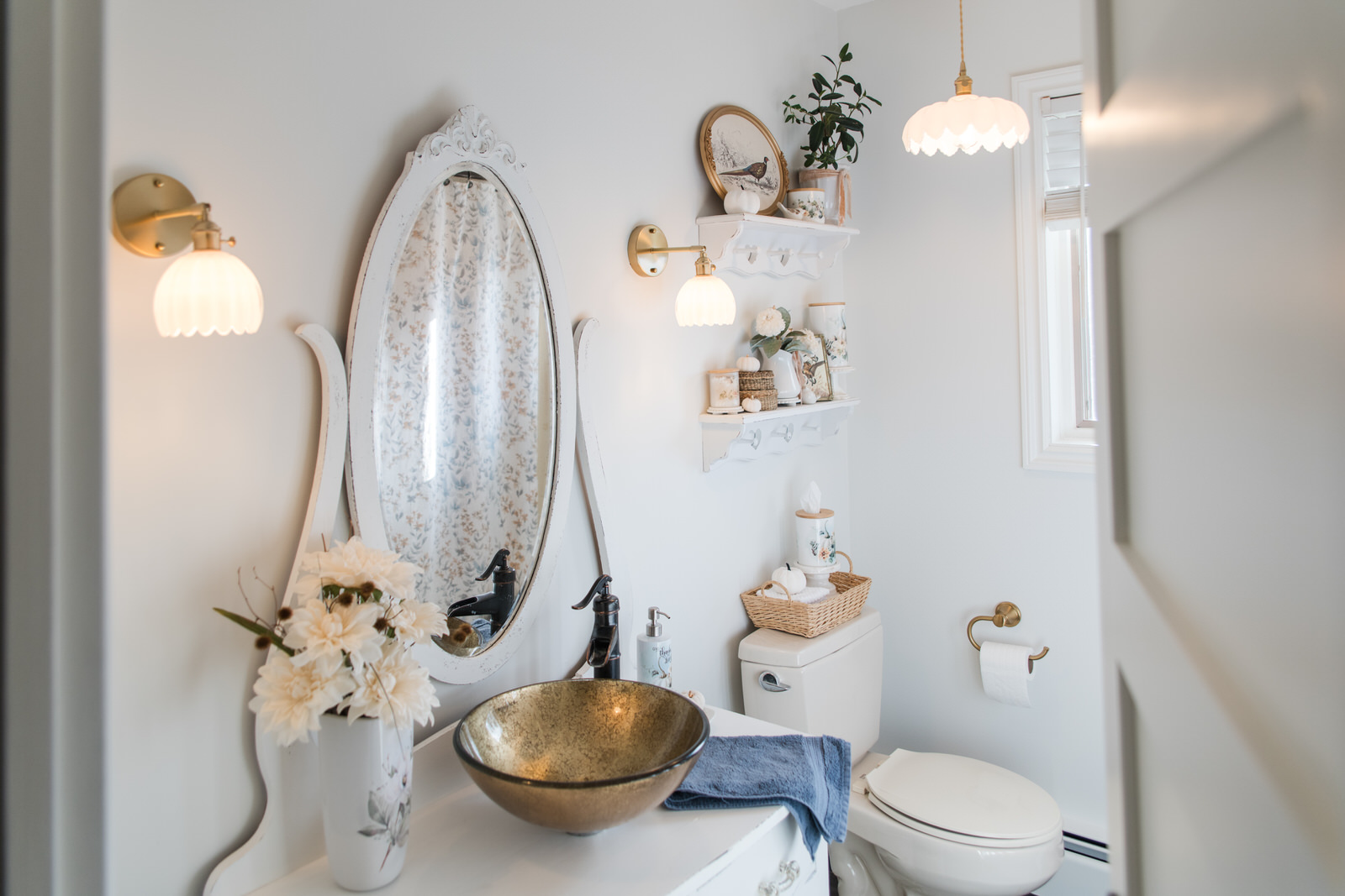 Cozy cottage bathroom makeover with Vintage Autumn decor and a vintage vanity