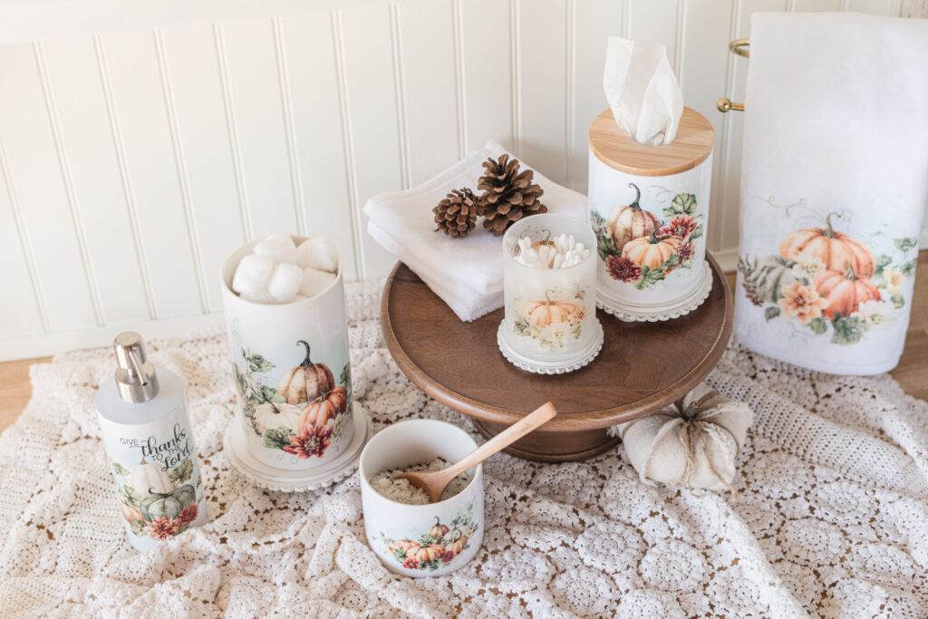 Vintage Autumn Collection fall home decor in Warm Autumn on a bathroom vanity