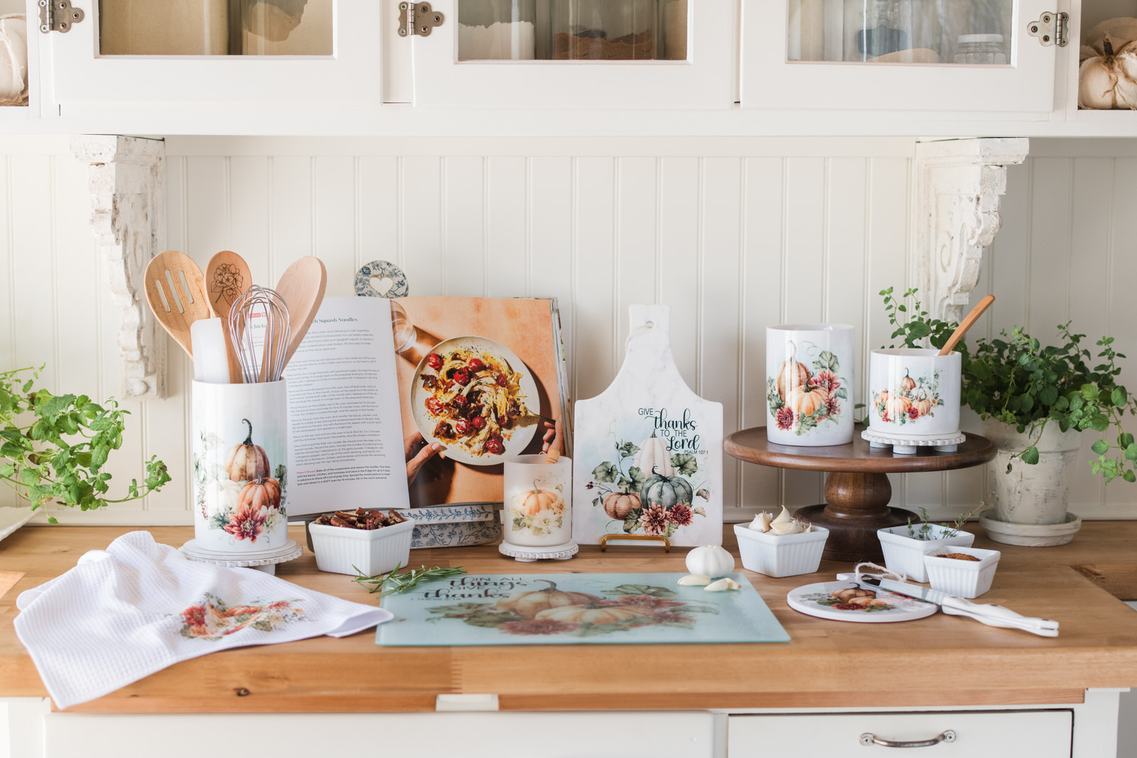 fall kitchen accessories and decor on a countertop