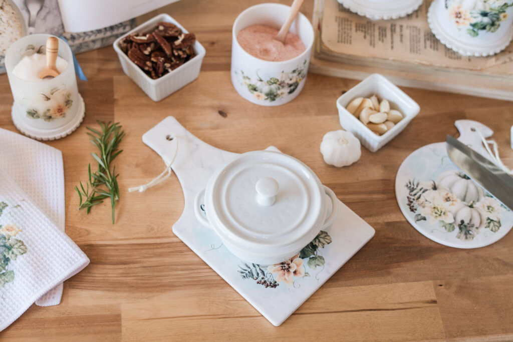 Rectangle trivet in Soft Autumn palette holding casserole dish.