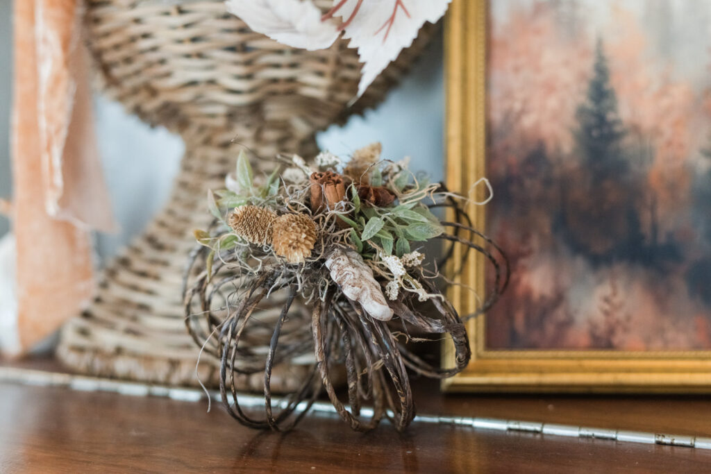 Paper wrapped wire, pumpkin with IOD resin leaf 