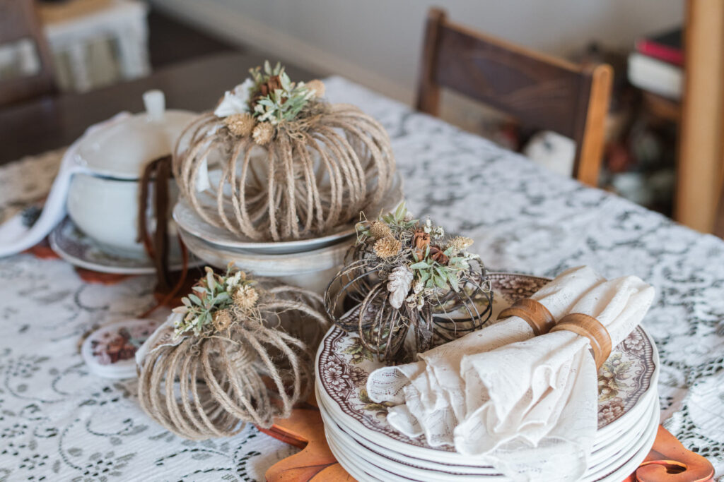 DIY Jute Pumpkins with IOD Moulds and Resin in a Thanksgiving Table setting