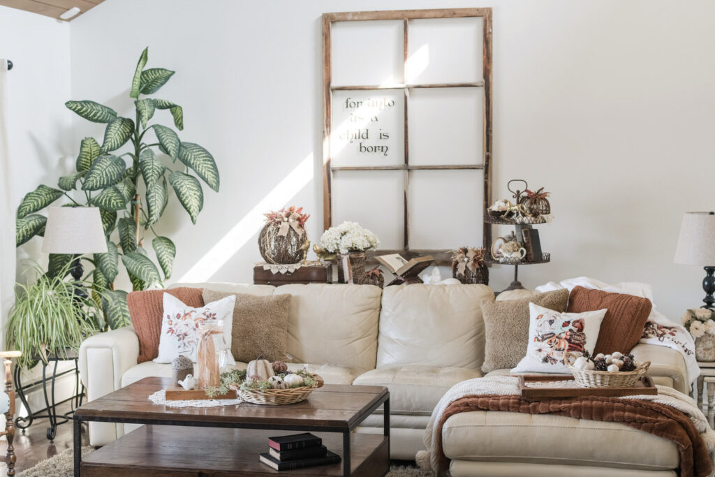 fall living room decor with sectional