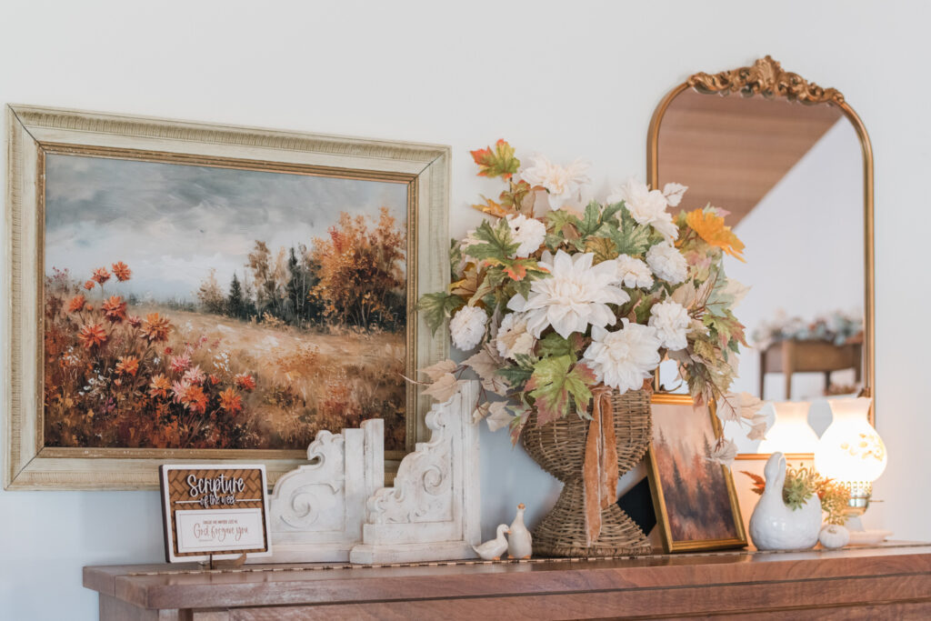 Autumn living room piano corner with handmade details and vintage finds