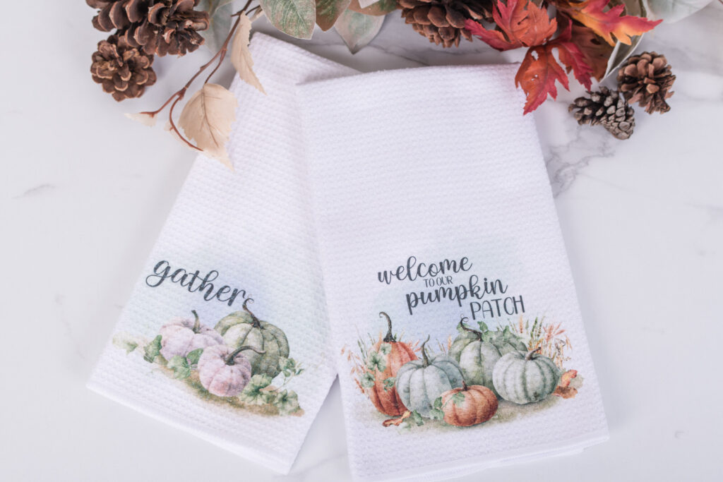 Cozy fall kitchen styled with Pumpkin Patch Collection tea towels featuring watercolor pumpkins