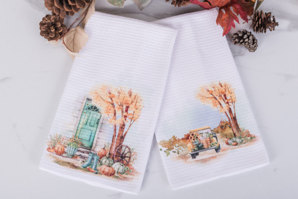Autumn home decor – watercolor pumpkin and floral tea towel from the Pumpkin Patch Collection