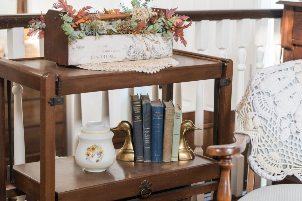 vintage tea cart decorated for fall