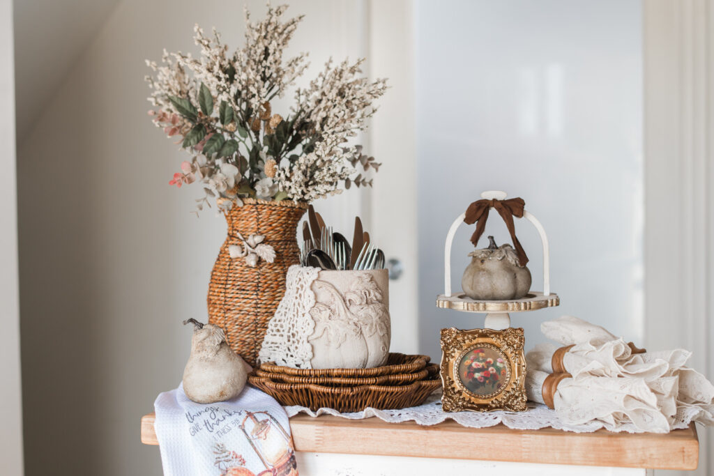 Painted gourds on a rustic kitchen cart for Thanksgiving décor