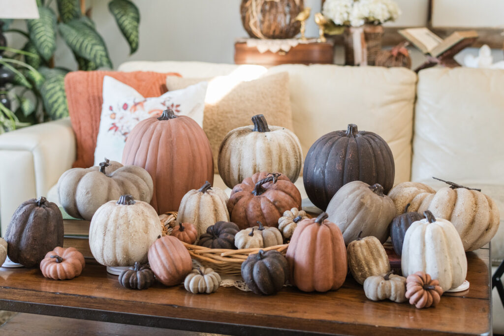 textured and coffee stained painted pumpkins