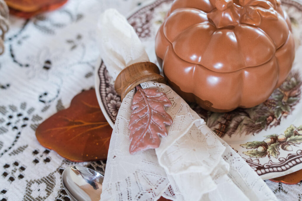 DIY resin leaf napkin, decor, in a Thanksgiving table setting 