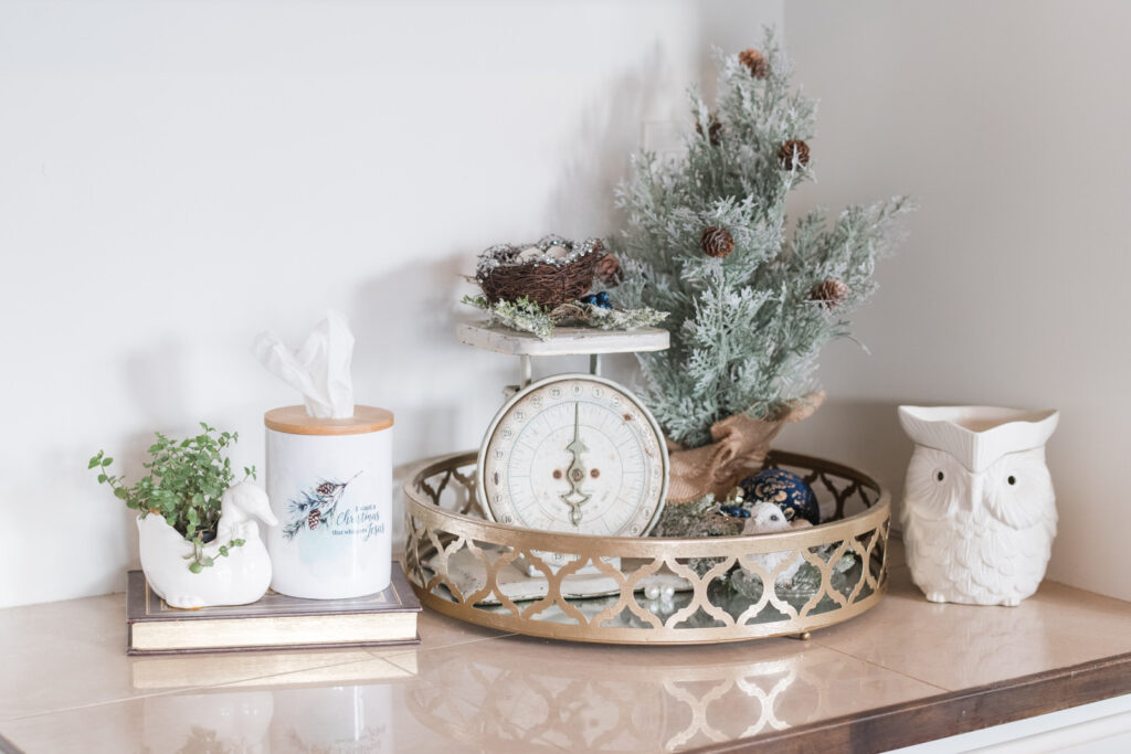 desk area styled for Christmas in the kitchen featuring a ceramic Noel tissue Holder