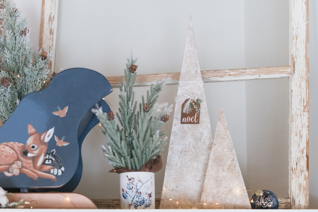 let it snow canister with a tree beside DIY textured trees on kitchen cabinets