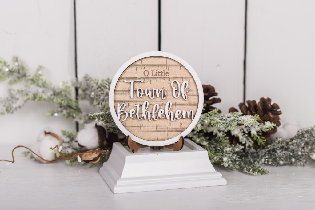 O Little Town of Bethlehem wood shelf sitter sign with hymn sheet background and neutral farmhouse Christmas styling