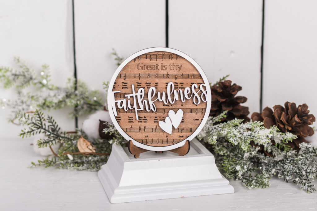 Great is Thy Faithfulness wood shelf sitter sign with hymn sheet background and neutral farmhouse Christmas styling
