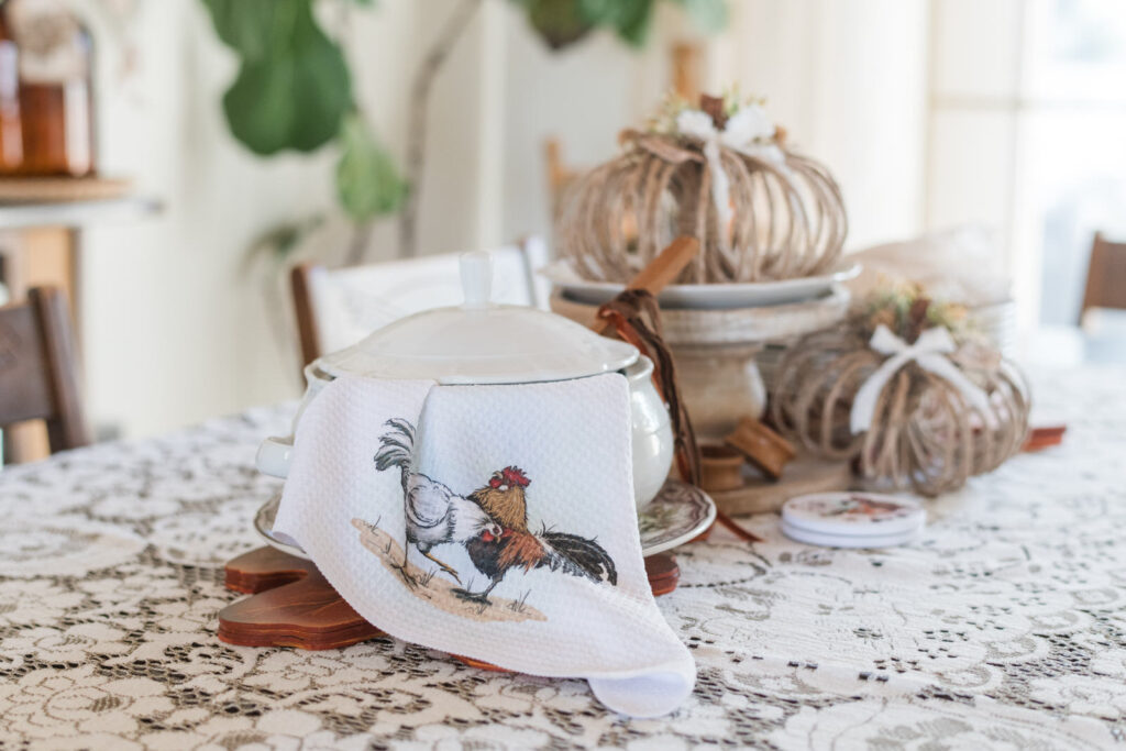 Thanksgiving centerpiece with vintage soup tureen and fall tea towel accent