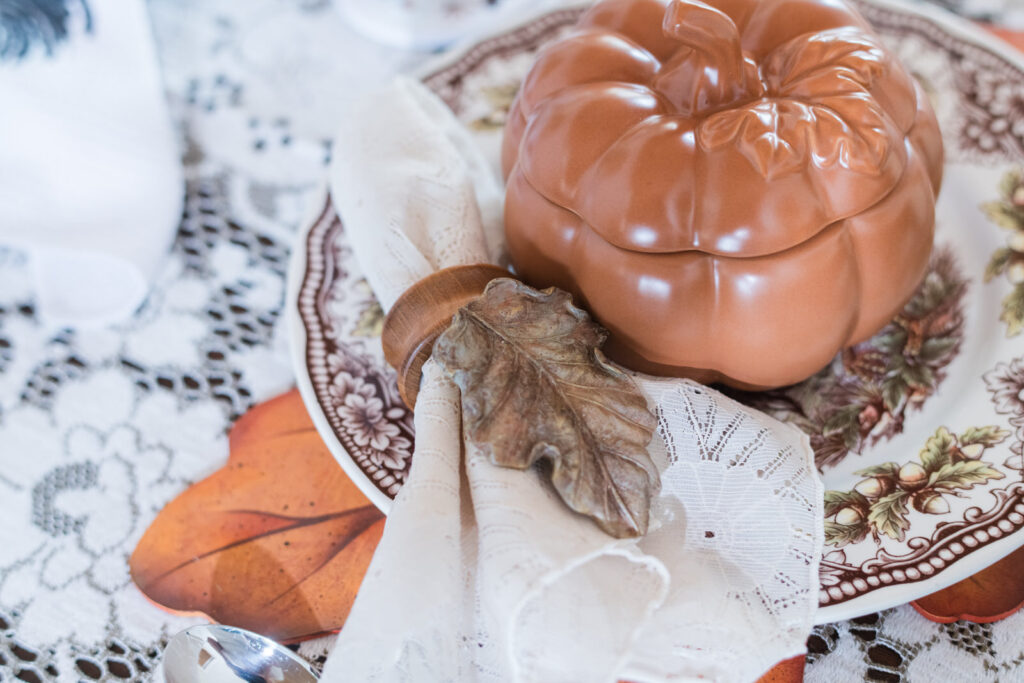 Thanksgiving please setting with a pumpkin soup or dessert bowl with an IOD resin, DIY napkin tag or charm