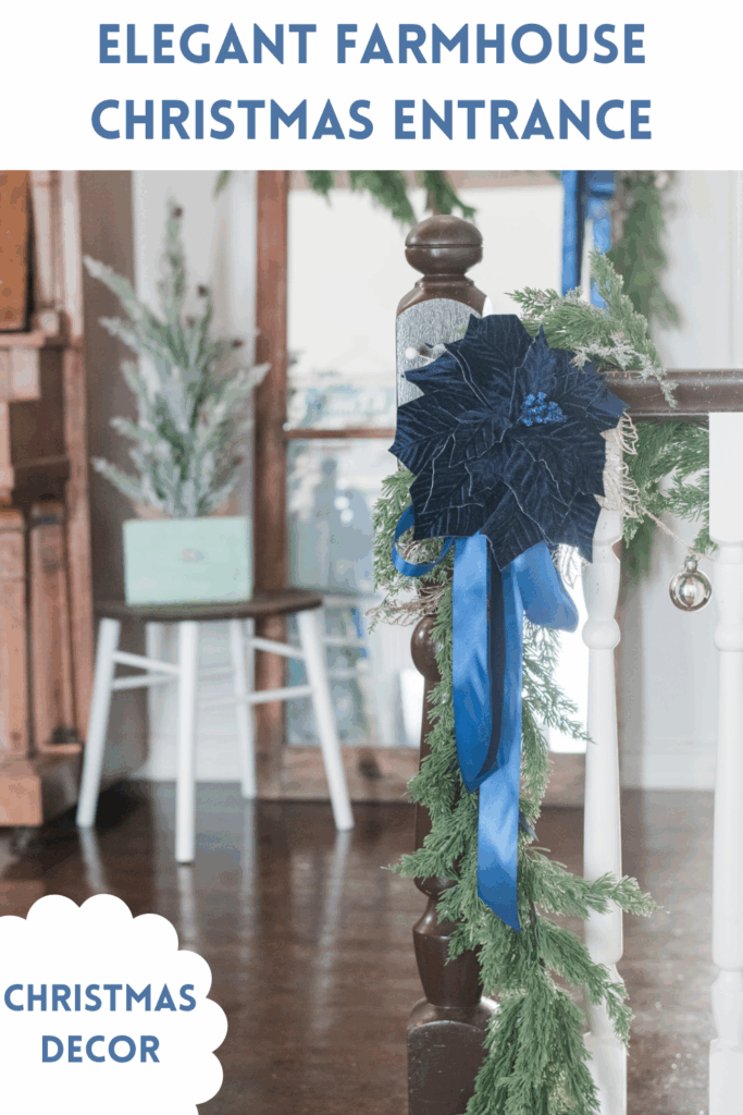 Pen it for later, elegant farmhouse, Christmas entrance, decorated in navy and gold