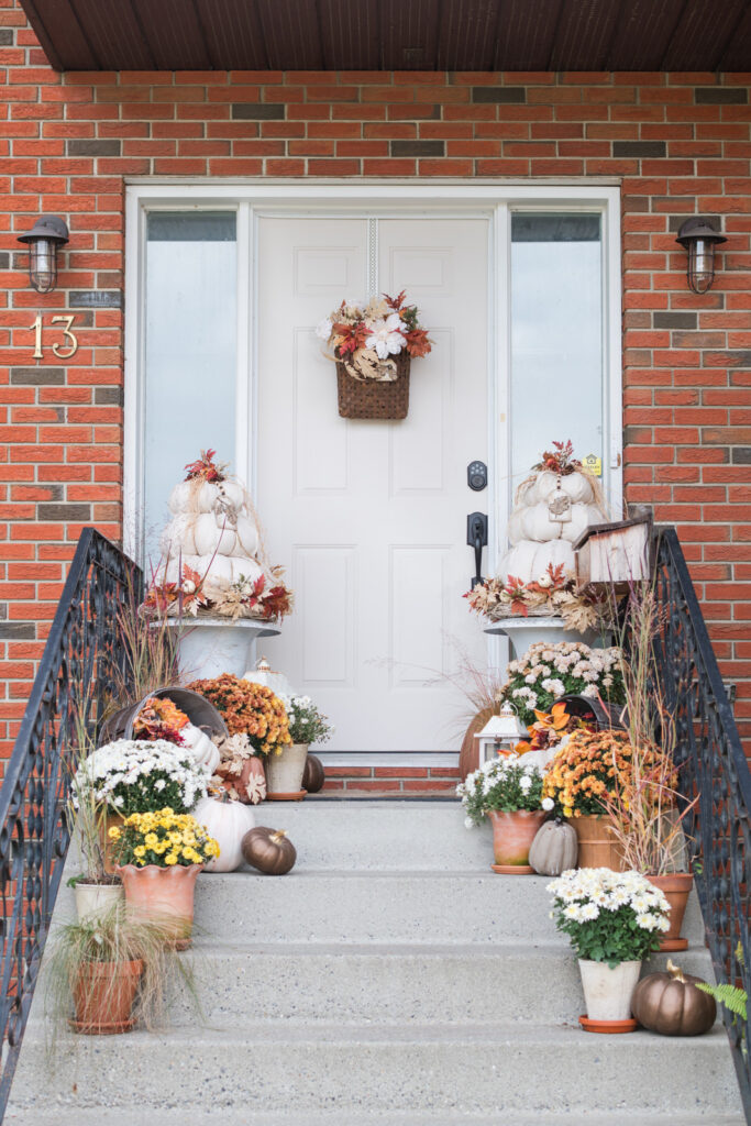 fall front step decorated for fall