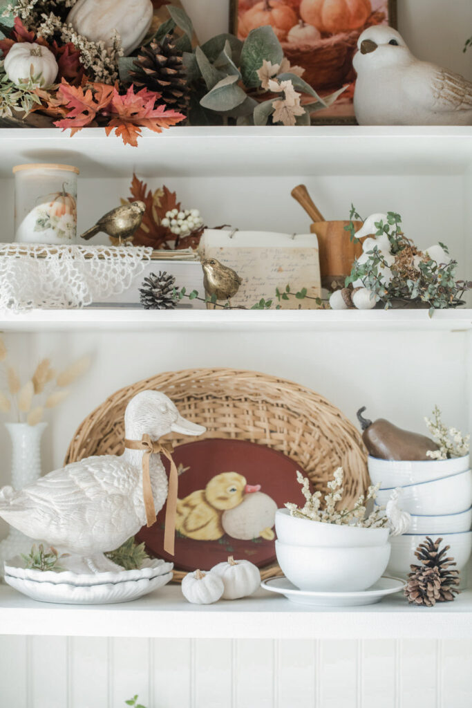 Fall Decour on open shelves in kitchen