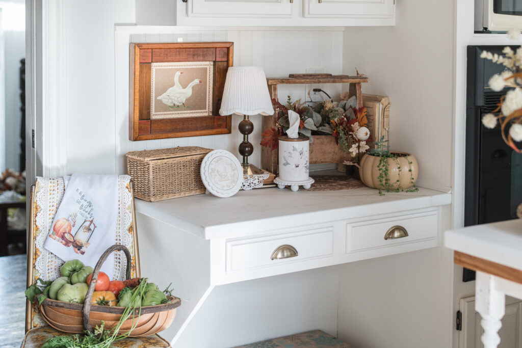 Kitchen desk area decorated for fall